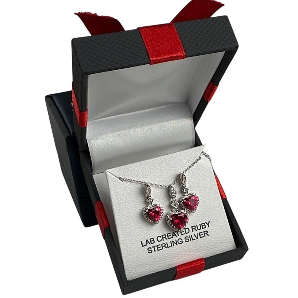 Sterling Silver Lab Ruby Heart Necklace Earrings Set July Birthstone NIB Regal